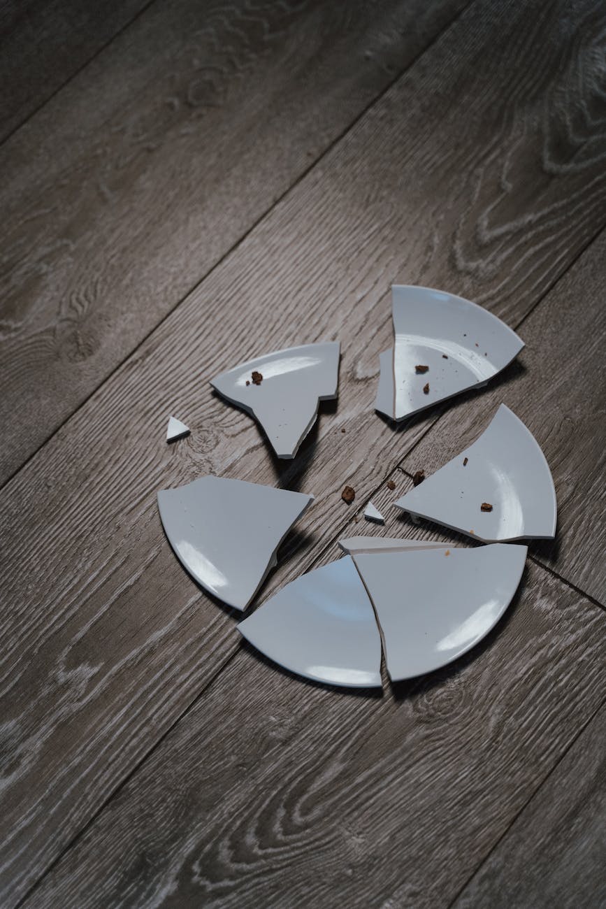 close up shot of shards of a broken ceramic plate on a wooden surface