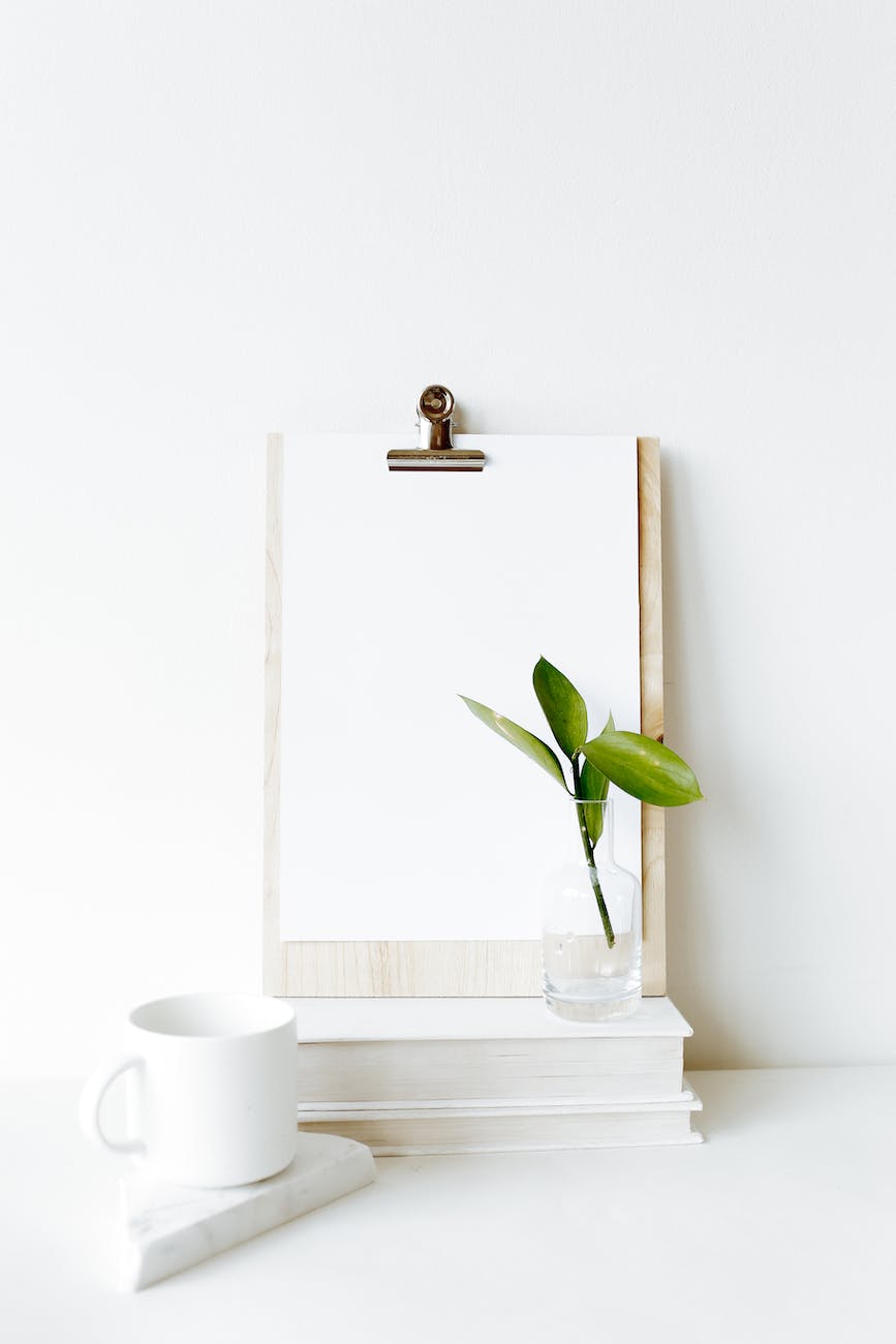 workplace with clipboard and green plant leaf