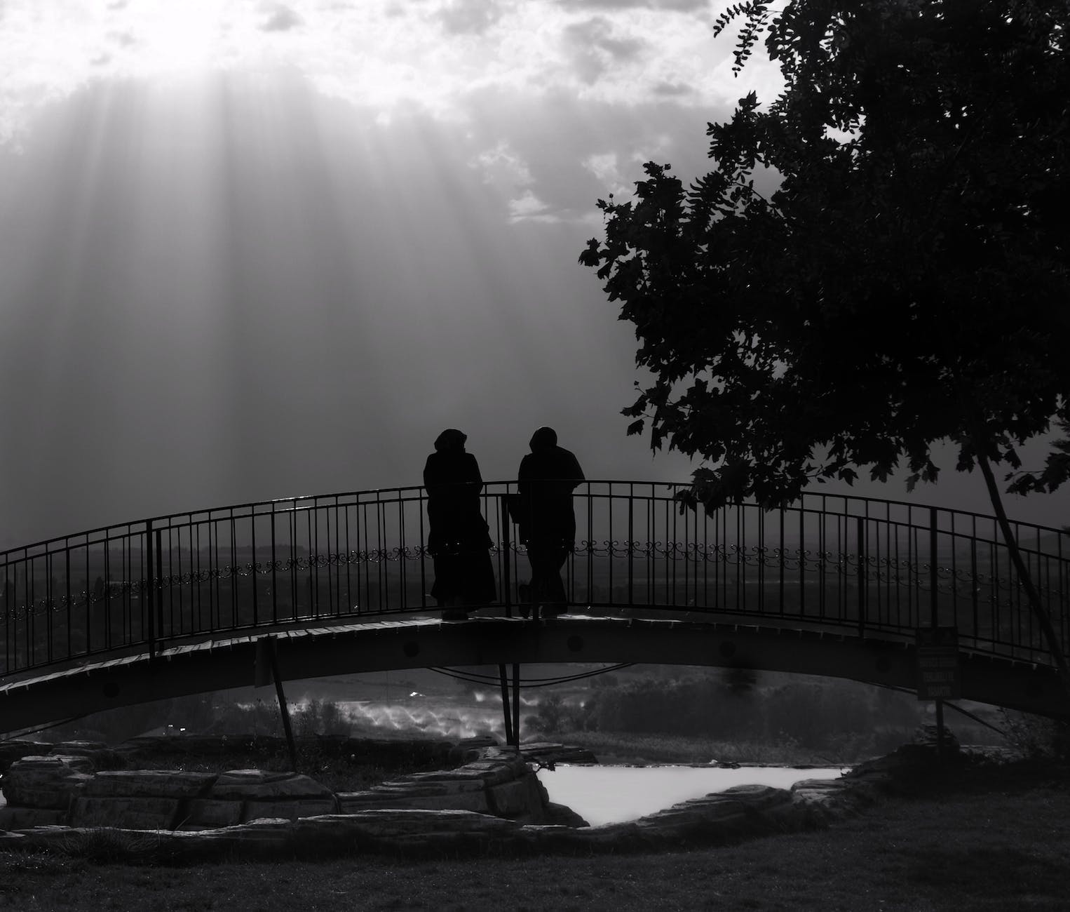 people standing on bridge in black and white